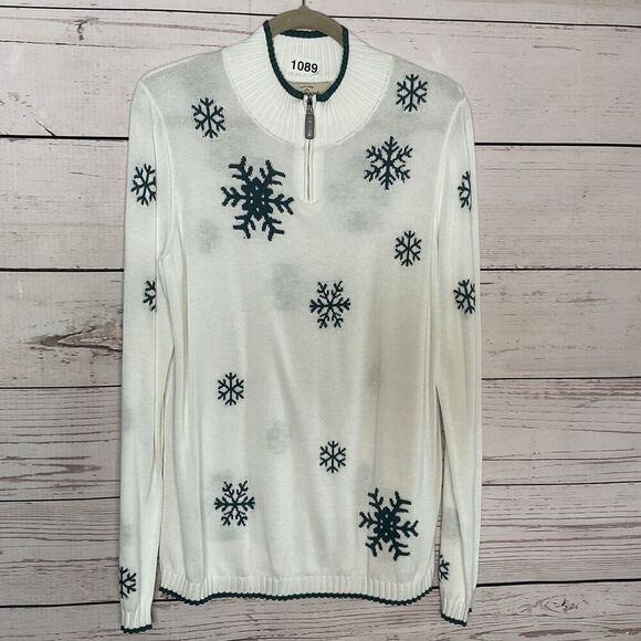 Old Ranch Sweater Womens Large 1/3 Zip White Snowflake Mock Neck Knit‎ Pullover - Picture 2 of 10